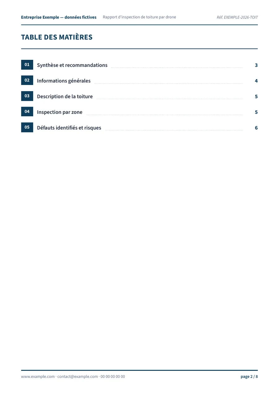 Rapport d’exemple de toiture, table des matières (ouvre le PDF) — page 2 sur 8