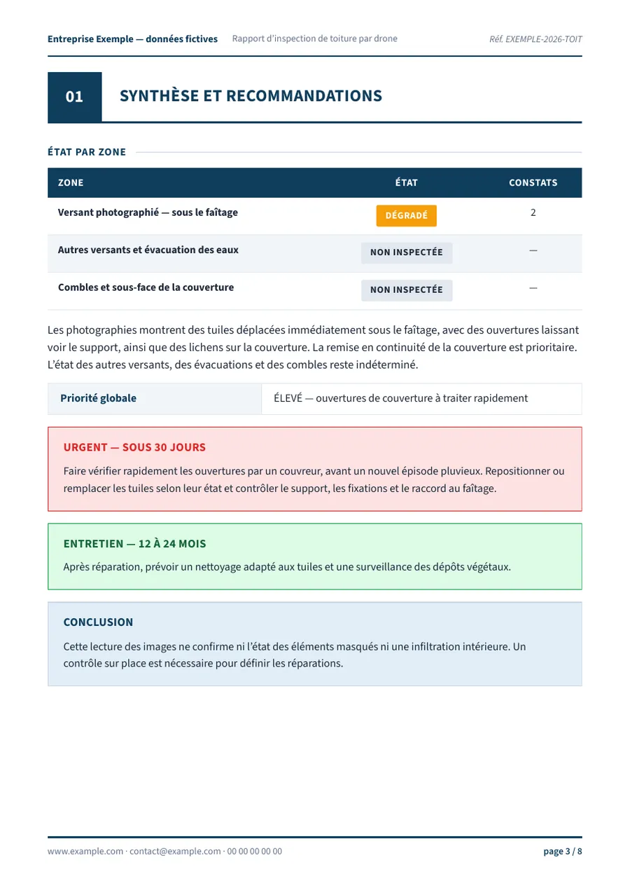 Rapport d’exemple de toiture, synthèse et recommandations (ouvre le PDF) — page 3 sur 8
